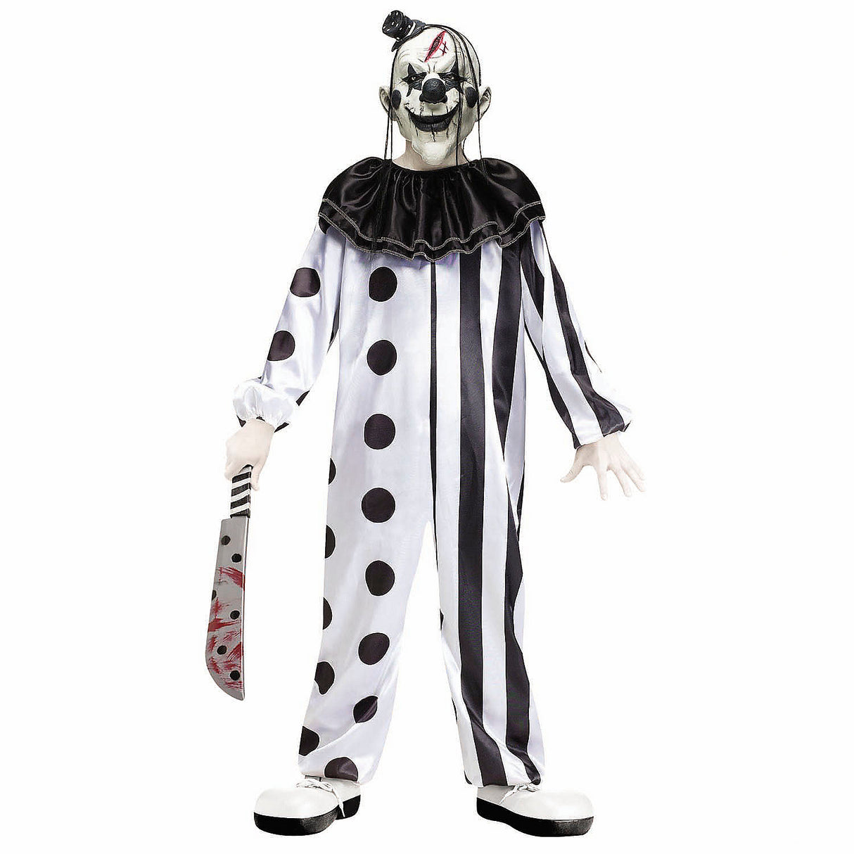 Creepy Kids Black and White Killer Clown Costume for Halloween Parties and Scary Dress Up Events