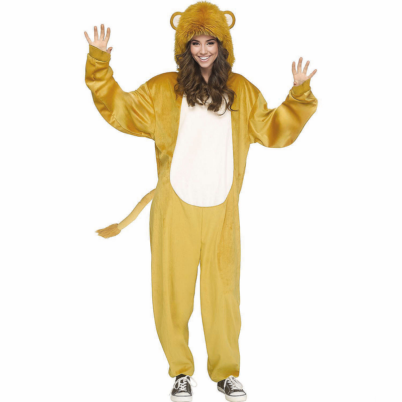 Lion themed polyester adult hooded jumpsuit costume