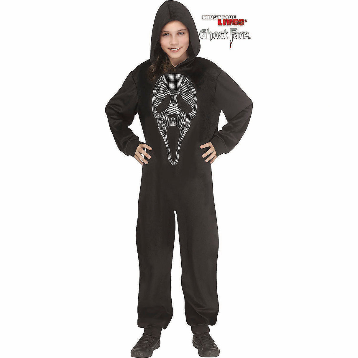 Kids Ghost Face E-Z Bling Hooded Jumpsuit Costume for Halloween Parties Dress Up and Themed Events