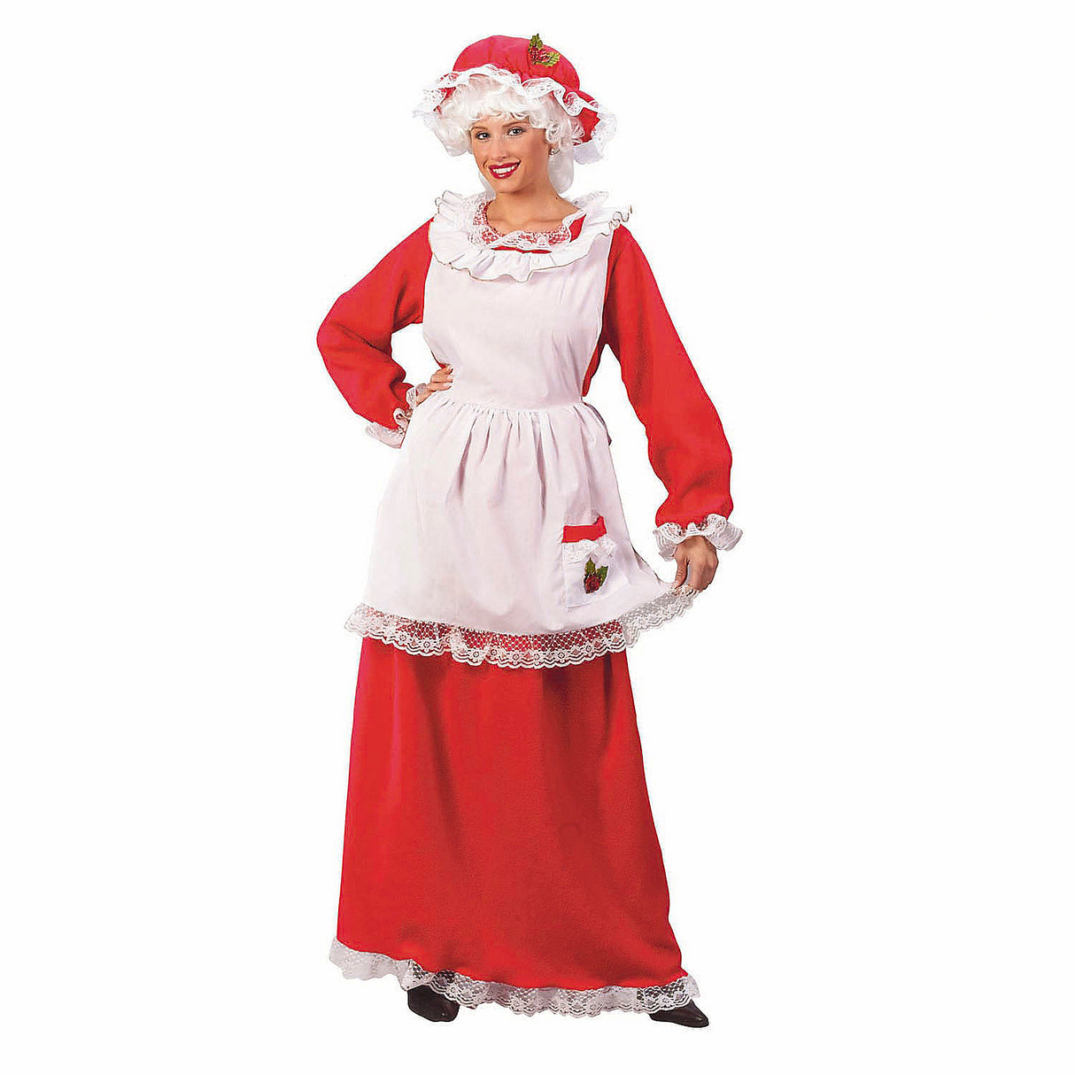 Elegant Womens Red and White Full-Length Dress Mrs Claus Costume for Holiday Parties and Festive Celebrations