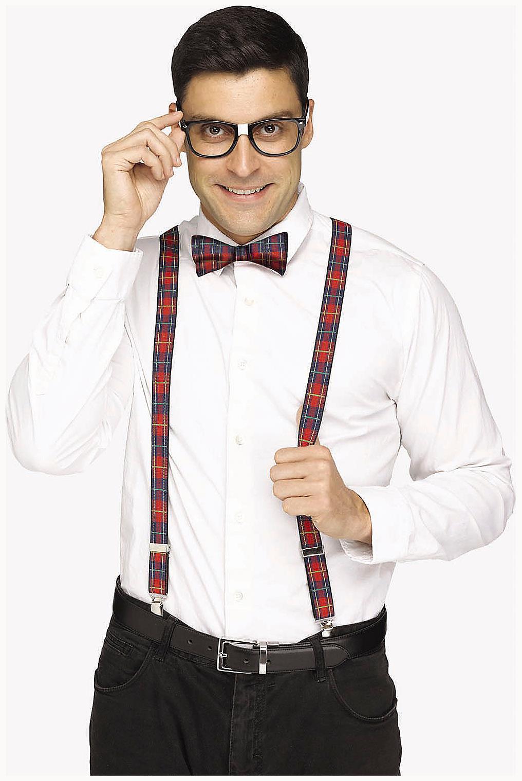 Funny Adults Nerd Black and Plaid Suspender Set Costume for Halloween Parties and Themed Dress Up Events