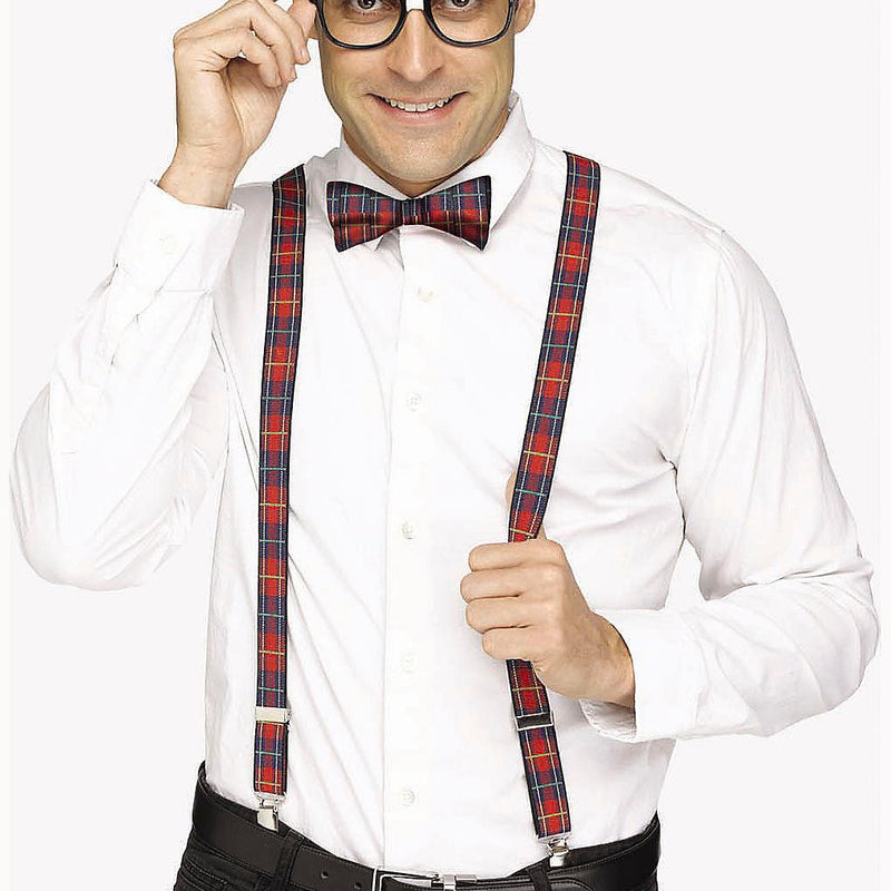 Adults Nerd Black & Plaid Suspender Set Costume