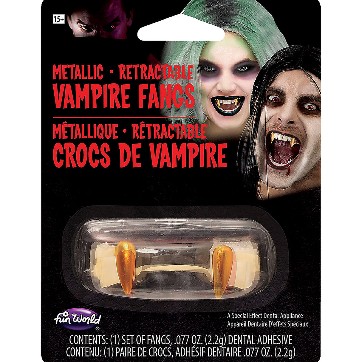 Elegant Gold Metallic Retractable Fangs for Halloween Parties and Vampire Costumes