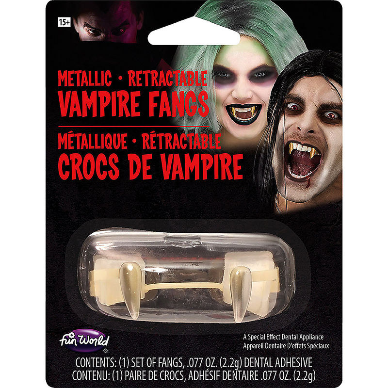 Classic Silver Metallic Retractable Fangs for Halloween Costume Parties and Spooky Themed Events