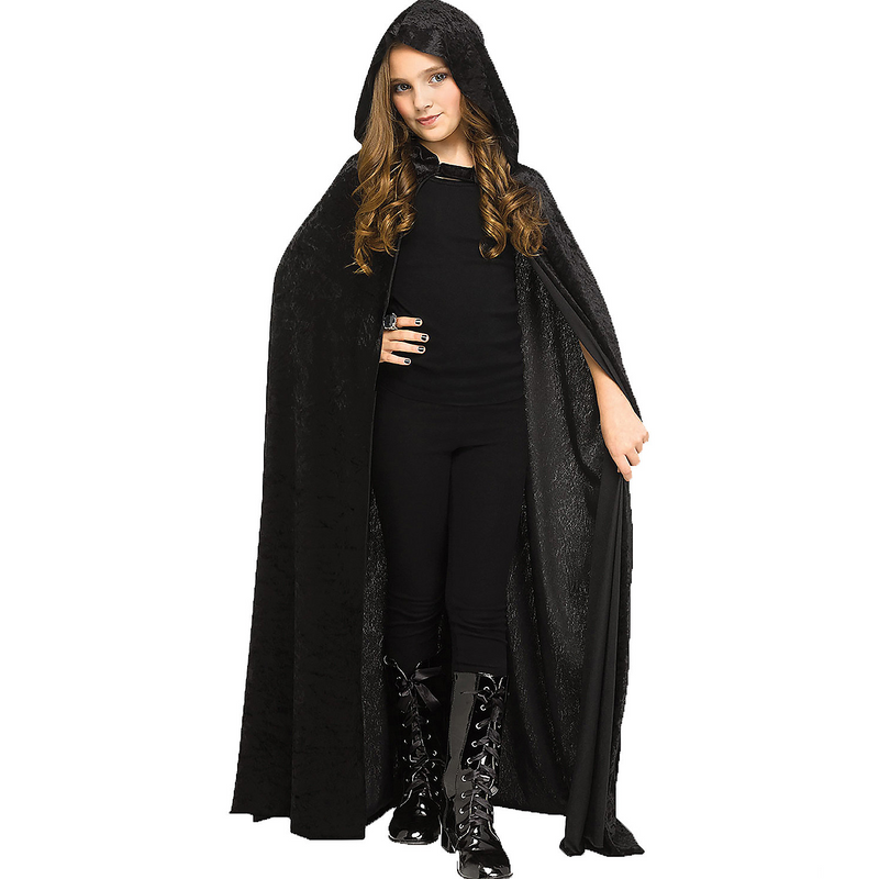 Kid's Black Hooded Velour Cape for DIY Costumes Halloween and Themed Dress Up Events