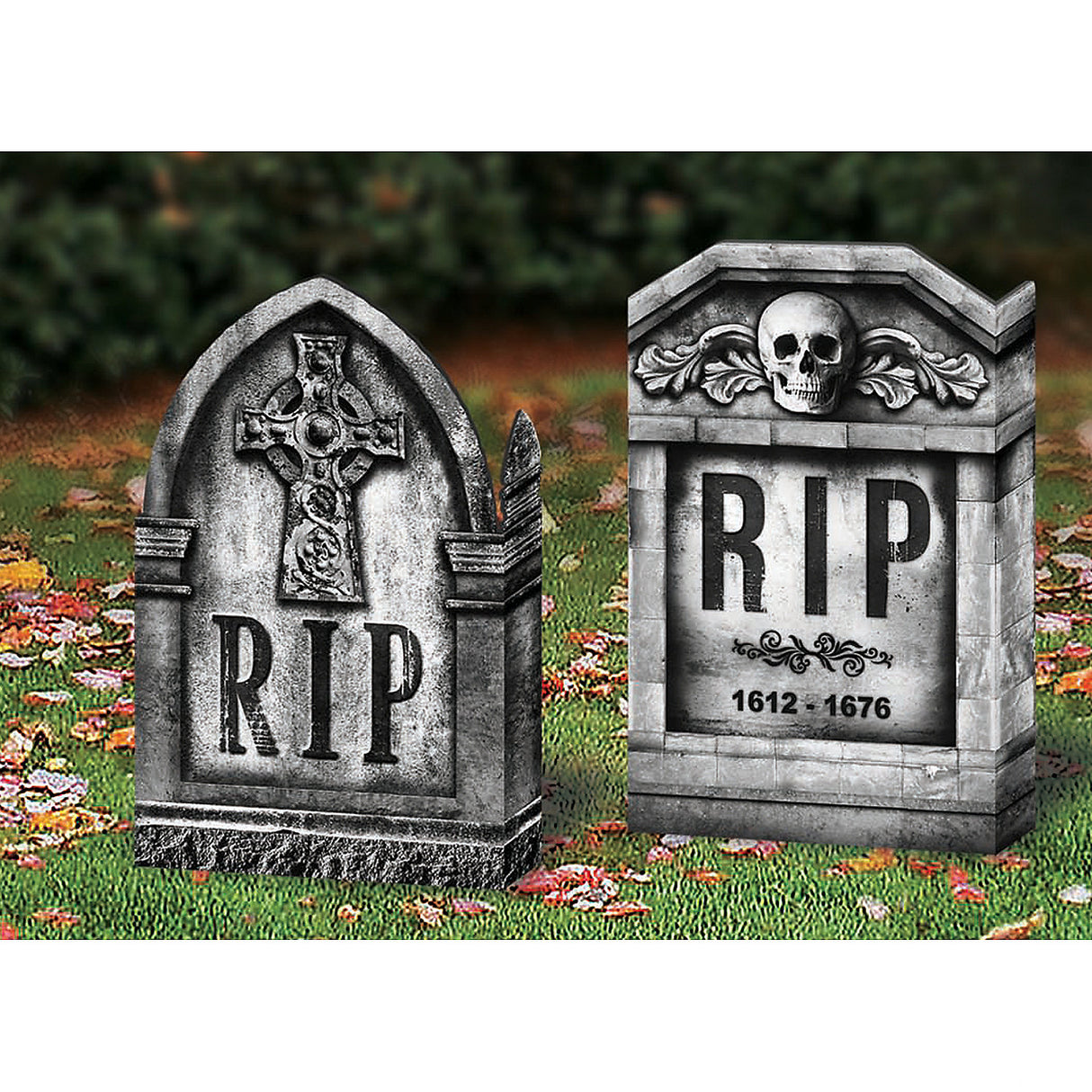 Spooky Photo-Realistic Tombstone Cross and Skull Set for Halloween Yard Decor and Graveyard Themes
