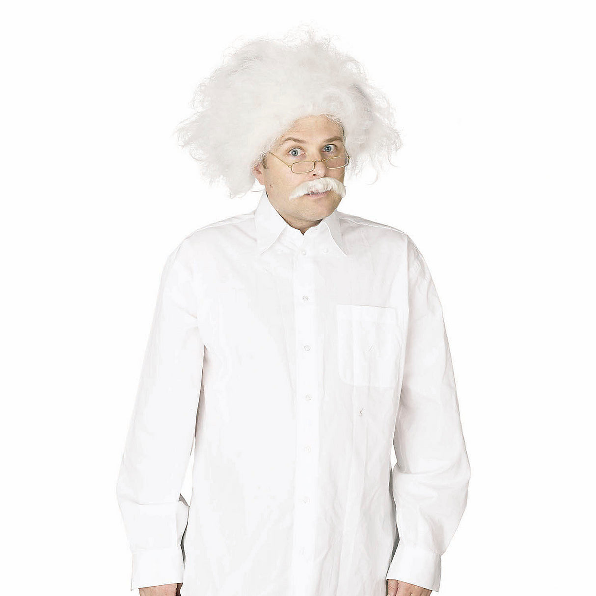 Zany Adults Scientist White Wig and Mustache Set for Mad Scientist Theme Parties and Halloween Events