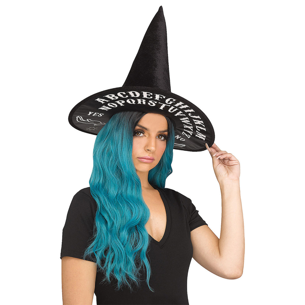 Dramatic Black Witch Hat with Spirit Board Print for Halloween Costume Parties and Festive Celebrations