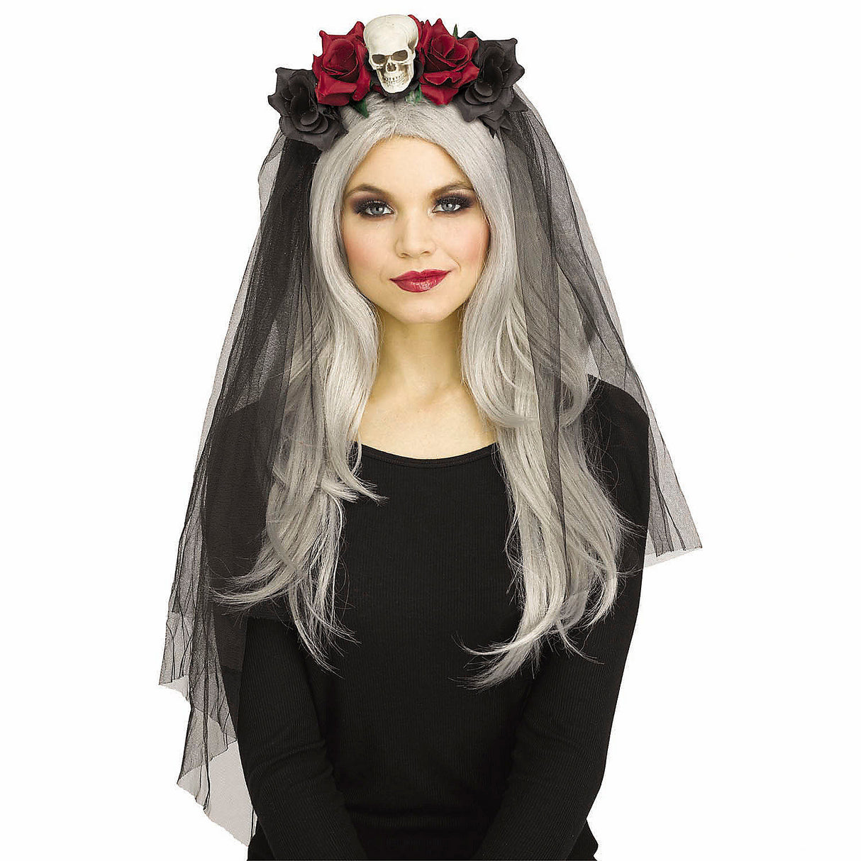 Horror Skull and Roses Bridal Veil Headband for Halloween Parties and Spooky Themed Weddings