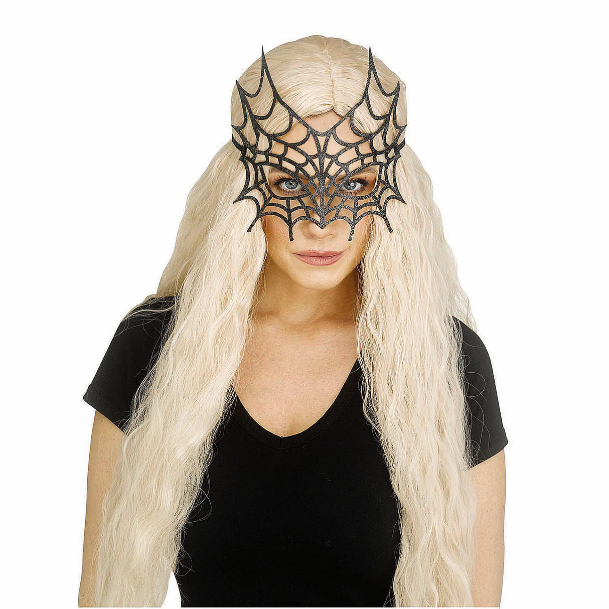 Gothic Black Sparkle Spider Web Eye Mask for Halloween Costume Accessories and Spooky Themed Events