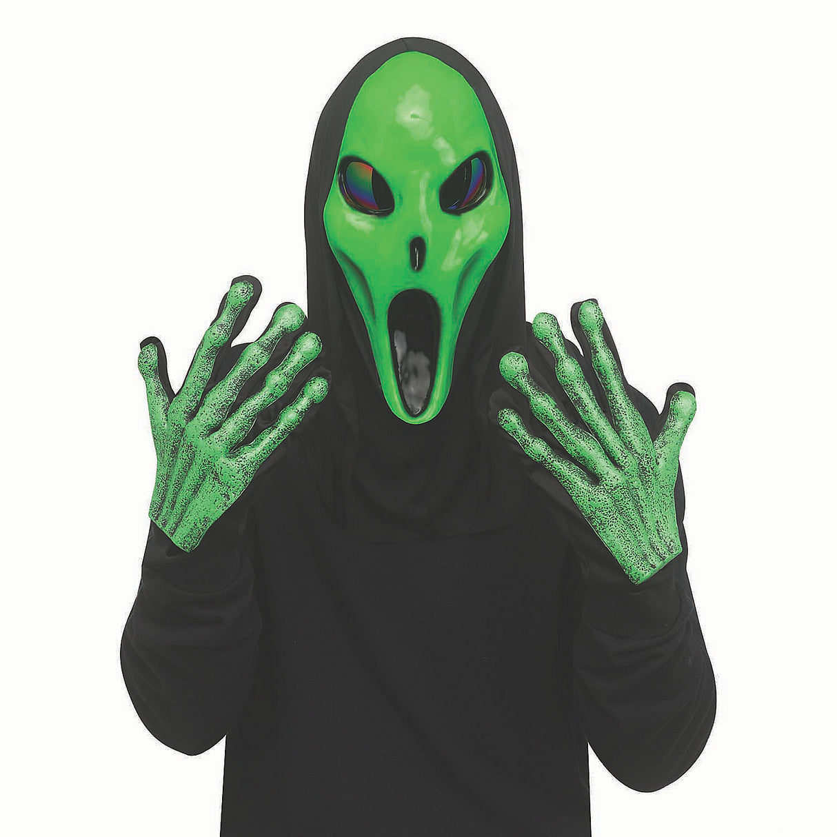Ultimate Adults Alien Spawn Green Full Mask with Black Shroud and Gloves Set for Halloween Parties and Themed Events