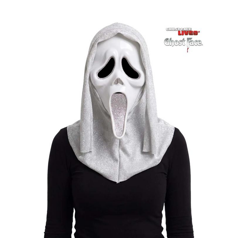 Adults Ghost Face Silver Glitter Full Face Mask with Hood