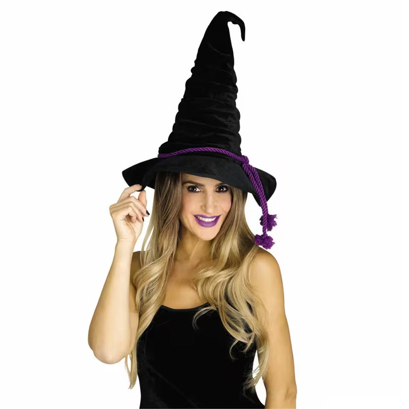 Adults Black Velour Witch Hat with Purple Rope - One Size
