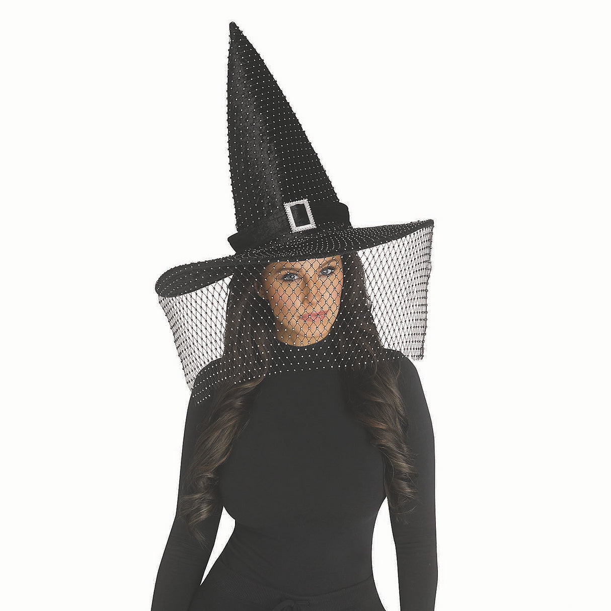 Chic Black Polyester Witch Hat with Bling Buckle for Halloween Costumes and Witch-Themed Parties
