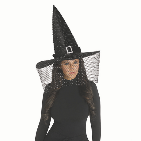 Adults Black Polyester Witch Hat with Bling Buckle and Netted Veil Costume Accessory