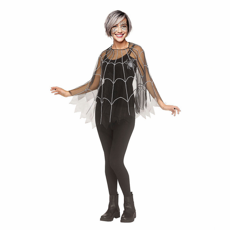 Adults Pearl Spider Web Mesh Poncho Costume for Easy Halloween and Themed Parties