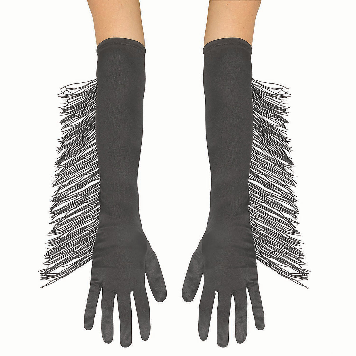 Elegant Long Polyester Gloves with Black Fringe for Halloween Costumes and Theatrical Performances