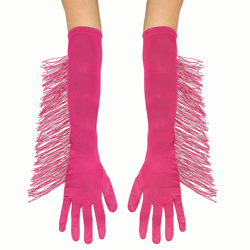 Stylish Adults Long Polyester Gloves with Pink Fringe for Halloween Costumes and Themed Events