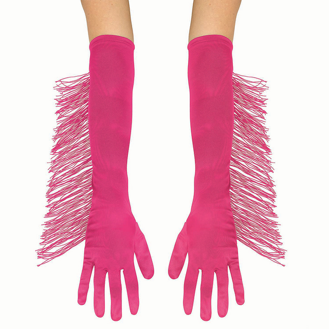 Adults Long Polyester Gloves with Pink Fringe Costume Accessory