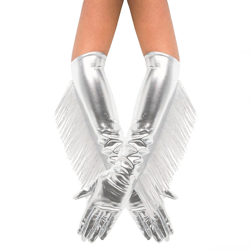 Adults Metallic Silver Fringe Long Gloves Costume Accessory