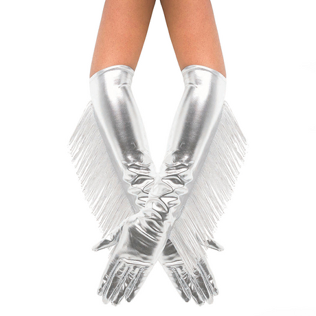 Adults Metallic Silver Fringe Long Gloves Costume Accessory