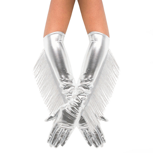 Adults Metallic Silver Fringe Long Gloves Costume Accessory