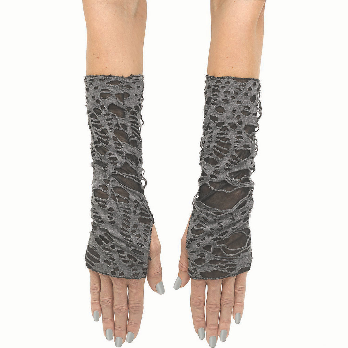 Unique Adults Black Gray Long Tattered Fingerless Sleevelets for Halloween Costume Accessories and Spooky Themed Events