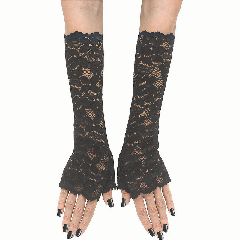 Stylish Black Stretch Lace Long Fingerless Sleevelets for Glam Halloween Costume Accessories