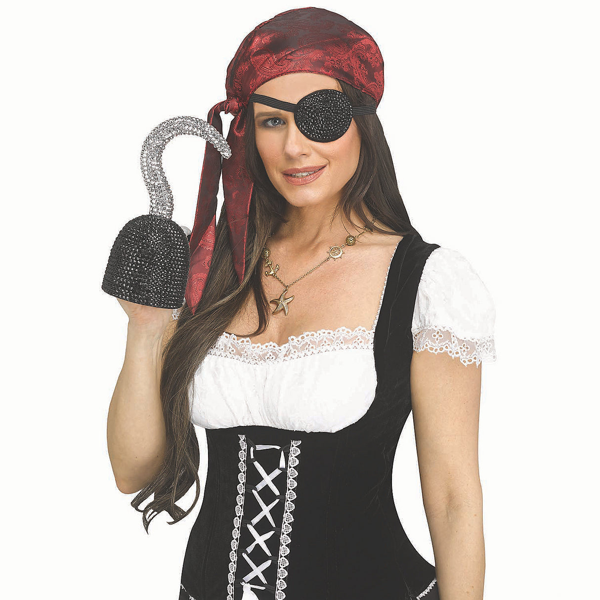 Glamorous Black Plastic Pirate Hook Hand with Rhinestone Bling for Costume Accessories and Themed Parties