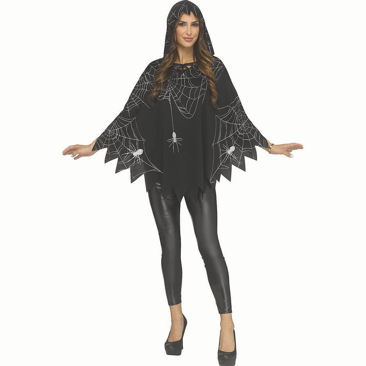 Classic Black and White Spider Web Poncho for Halloween Parties Trick or Treating and Spooky Celebrations