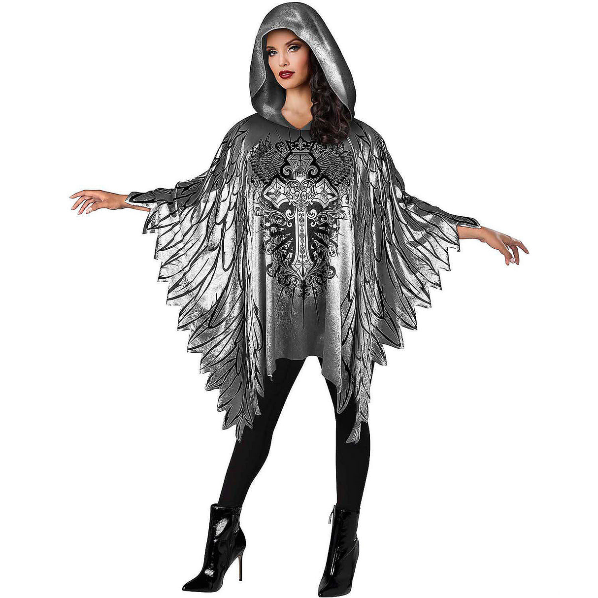 Elegant Womens Black and Silver Dark Angel Poncho Costume for Halloween Parties and Themed Events