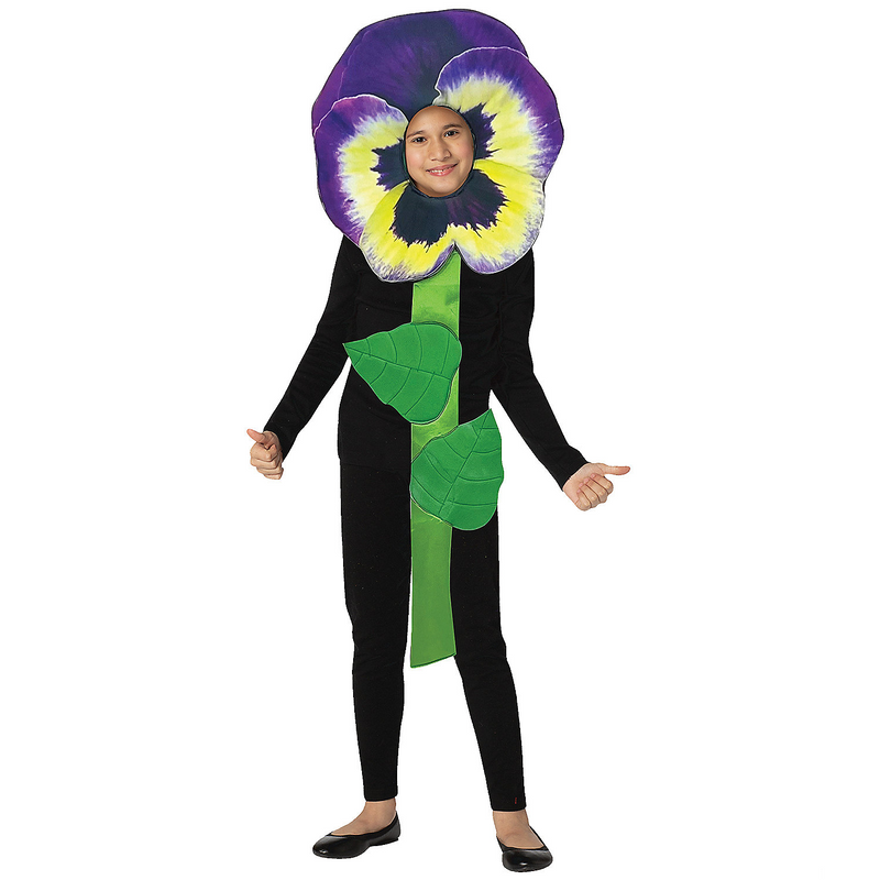 Purple pansy flower child costume, soft fabric, purple petal design for Halloween