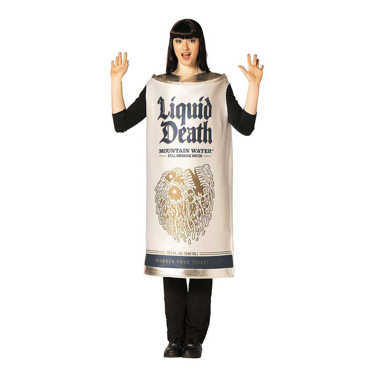 Adult Liquid Death Mountain Water White Can Tunic Costume for Halloween Parties and Fun Dress-Up Events