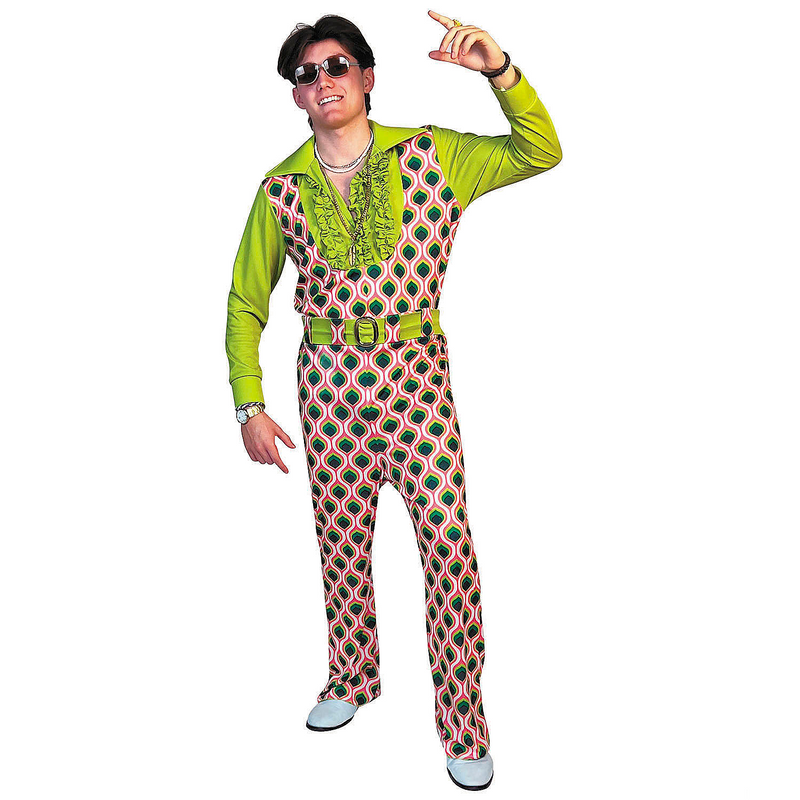 Stylish Adults Swaggertown Pink Green Feather Print Pantsuit Costume for Parties and Themed Events