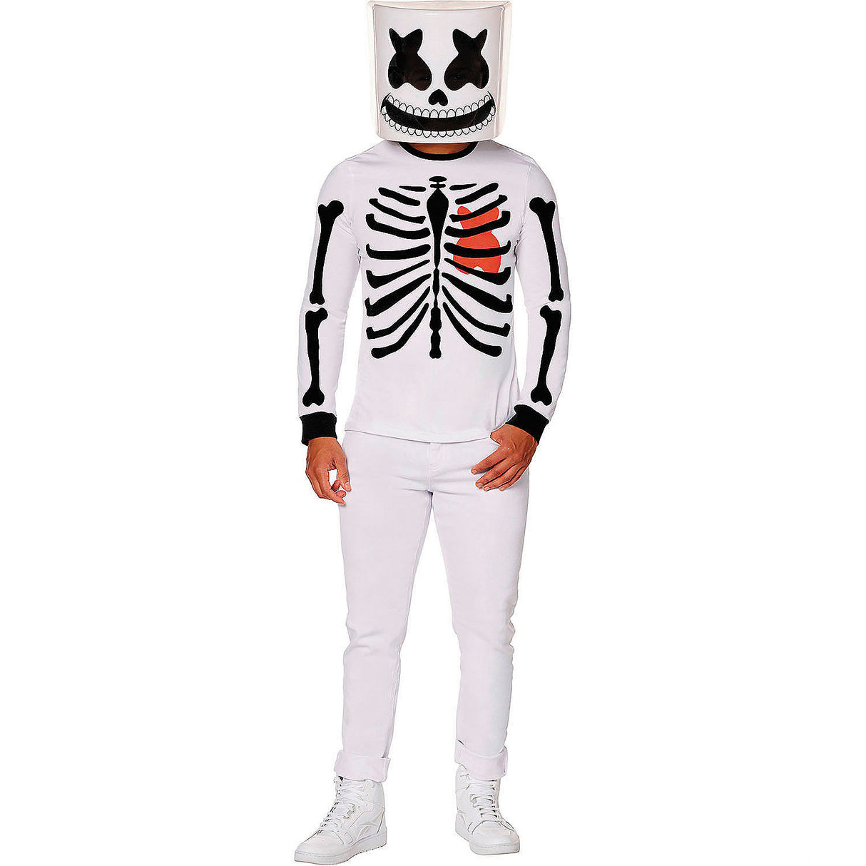 Adults Marshmello Skeleton Long-Sleeved T-Shirt Costume for Halloween Parties and Themed Events