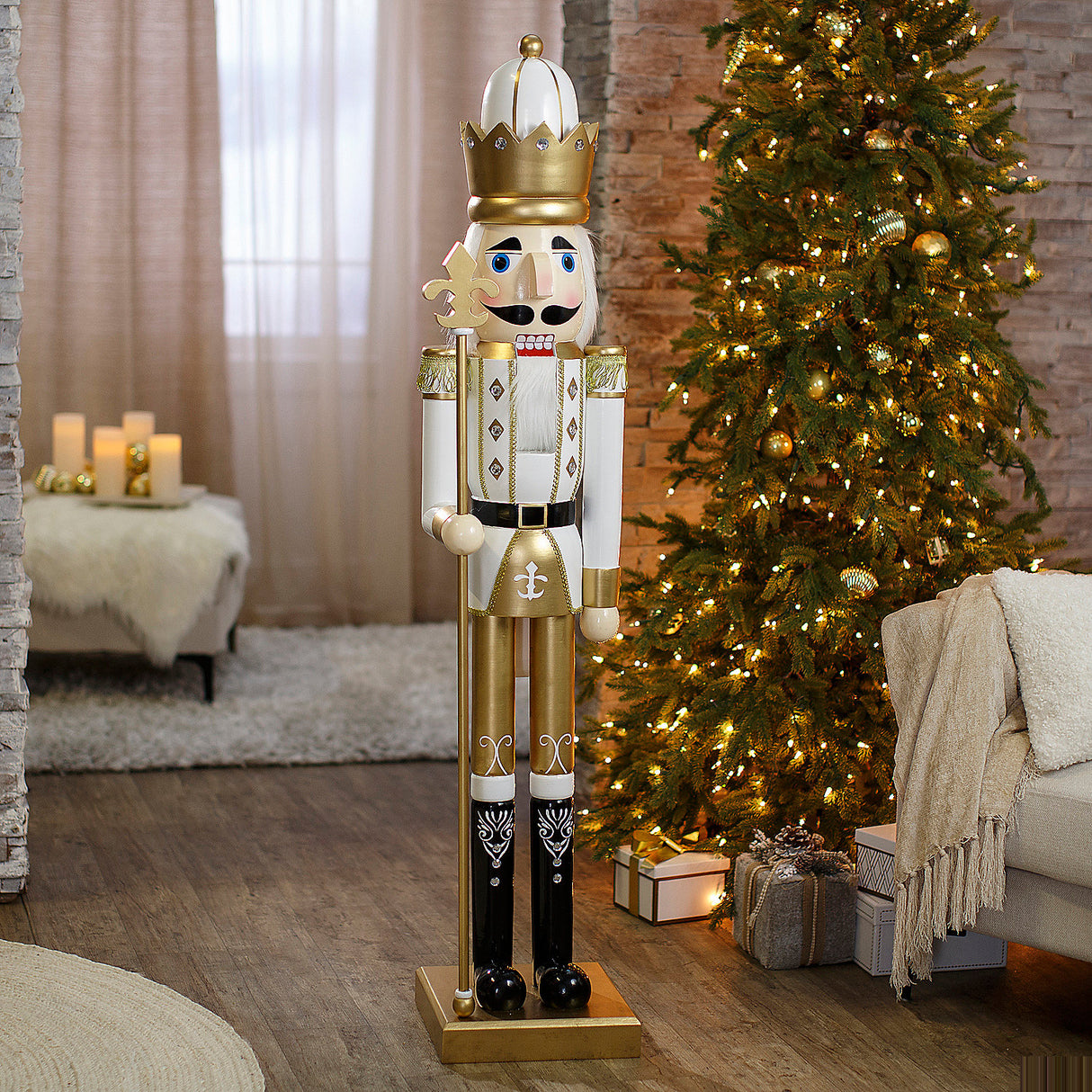 Giant Classic Gold Wood Holiday Nutcracker with Scepter for Festive Home Decor and Christmas Celebrations