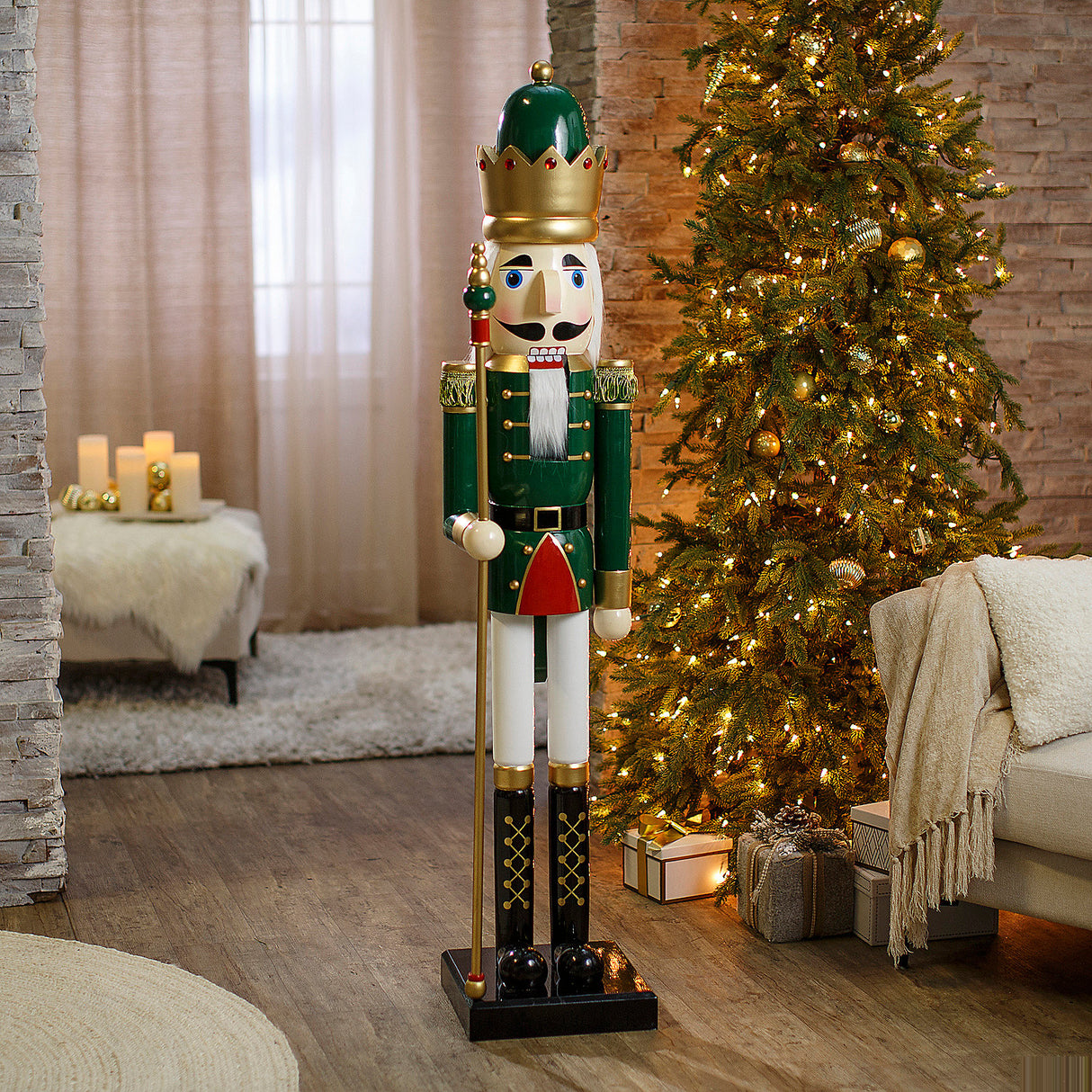 Giant Classic Green Wood Holiday Nutcracker with Scepter for Festive Celebrations and Christmas Events