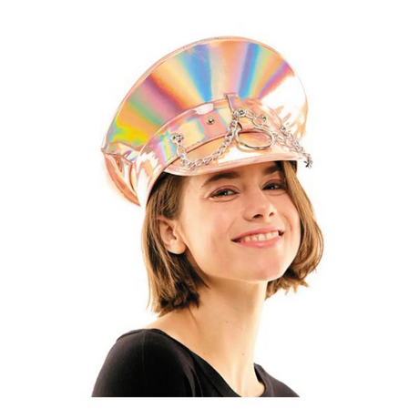 Adults Pink Iridescent Captain Hat with Silver Chains