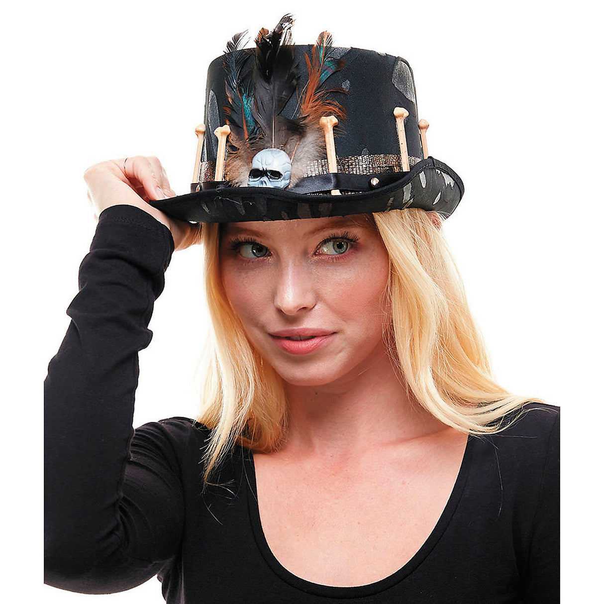 Premium Adults Black Top Hat with Voodoo Skull for Halloween Parties Events and Voodoo Themed Costumes