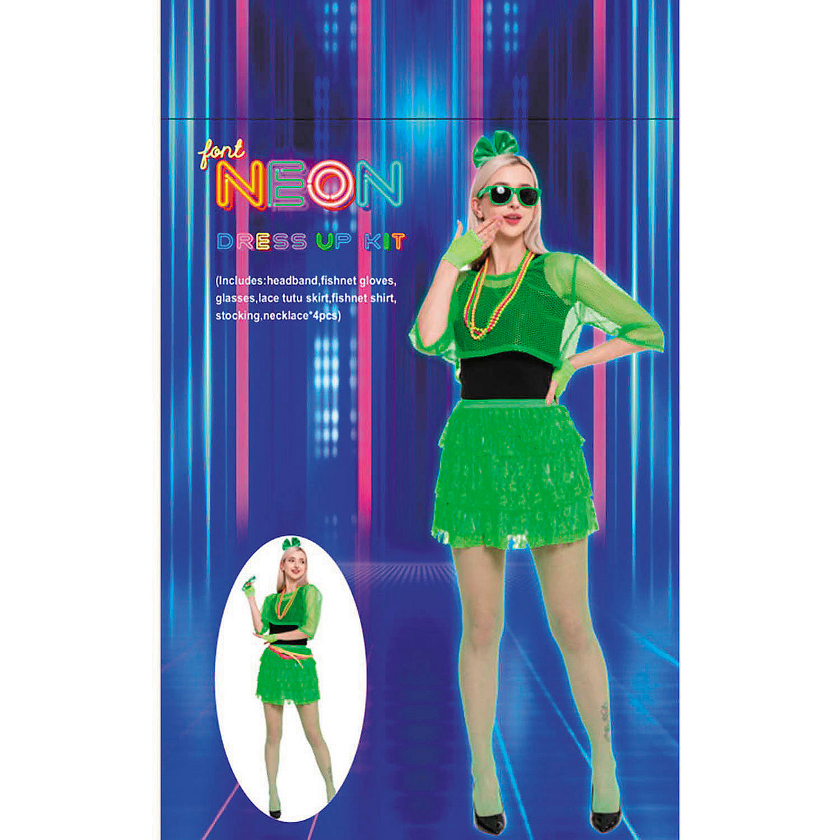 Adults Neon Green 80s Outfit Costume Accessory Kit for Halloween Parties and 1980s Themed Events