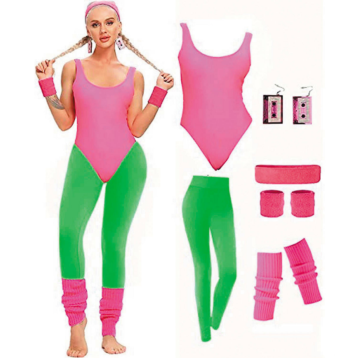 Fun Adults Pink Neon Green 80's Workout Costume for Retro Themed Parties and Fitness Events
