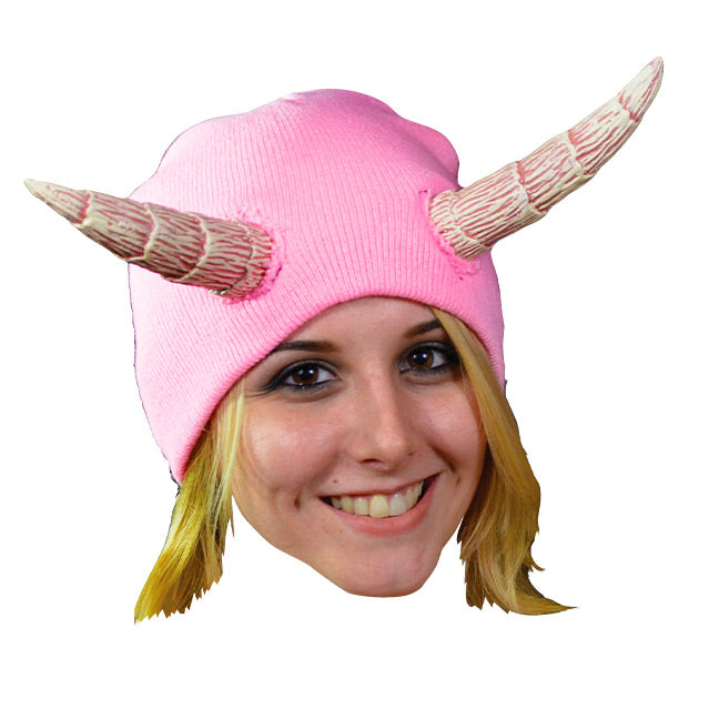 Adults Devils Cap Pink Knit Hat with Horns - One Size