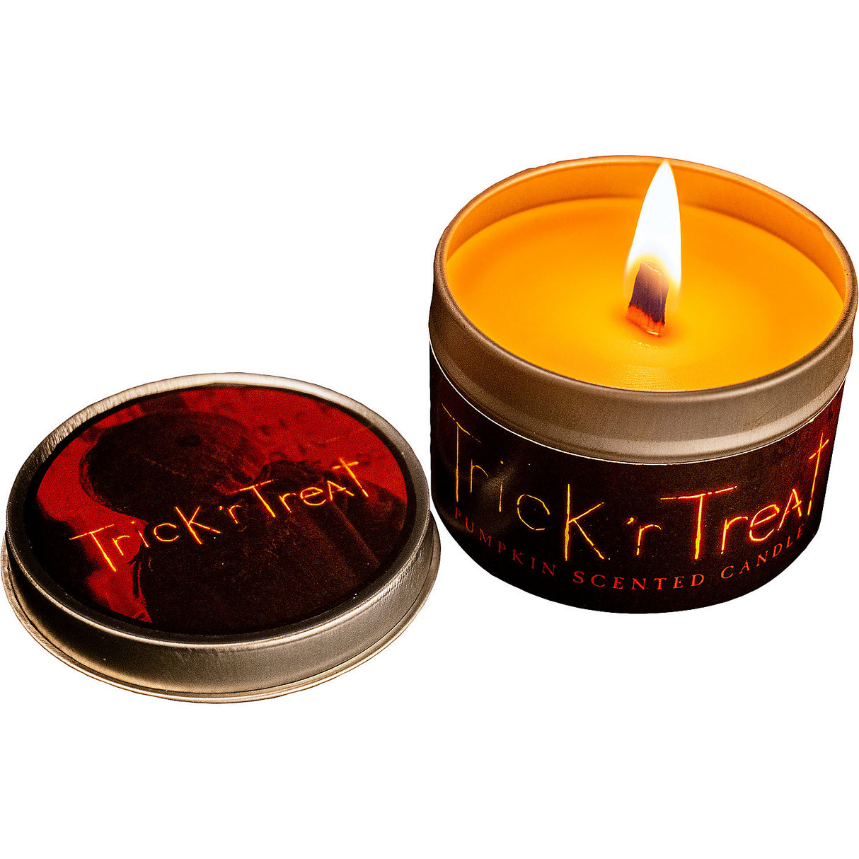 Trick 'r Treat Pumpkin Scented Candle with Tin for Halloween Décor and Spooky Themed Events