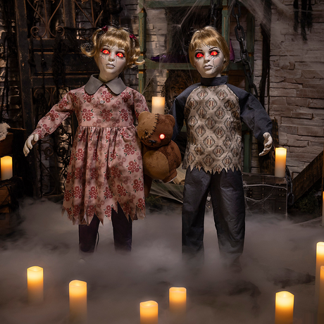 3 Ft. Animated Light-Up Apocalypse Twins with Stuffed Bear Halloween Decoration