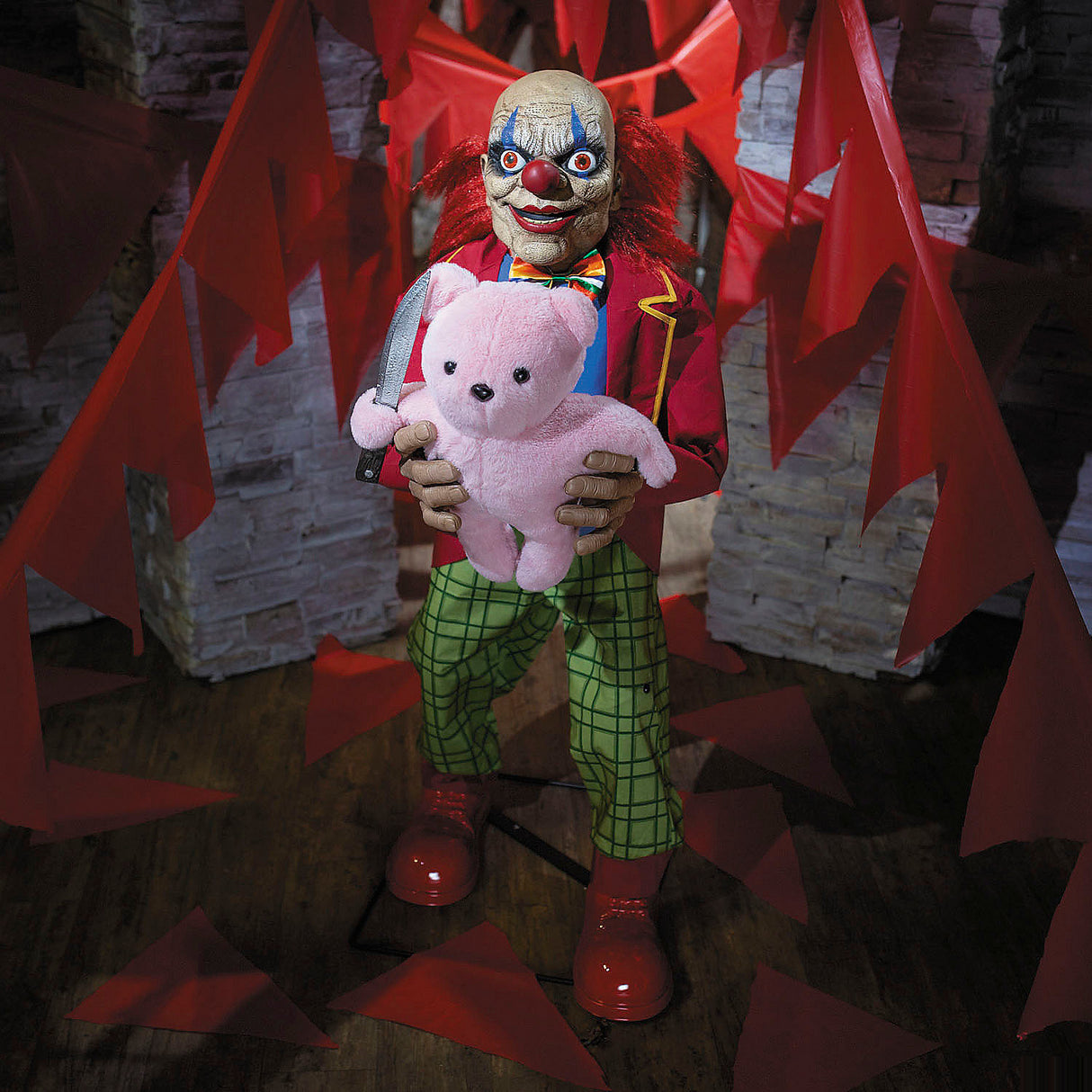 Spooky 4 Ft Animated Creepy Clown with Pink Bear for Halloween Decorations and Haunted House Displays