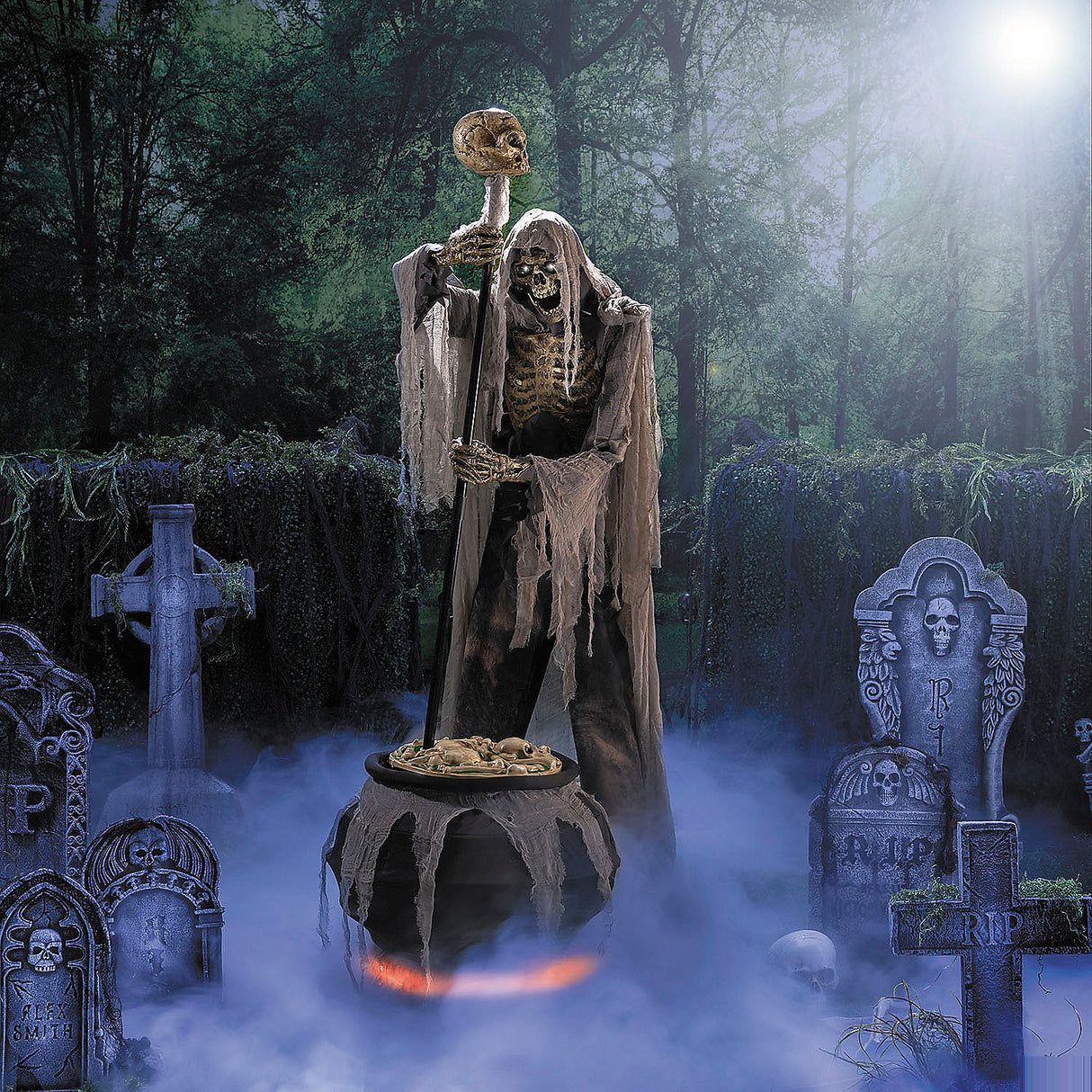 Eerie 6 Ft 7 Inch Skeleton Stirring Cauldron Decoration for Halloween Parties Haunted House Displays