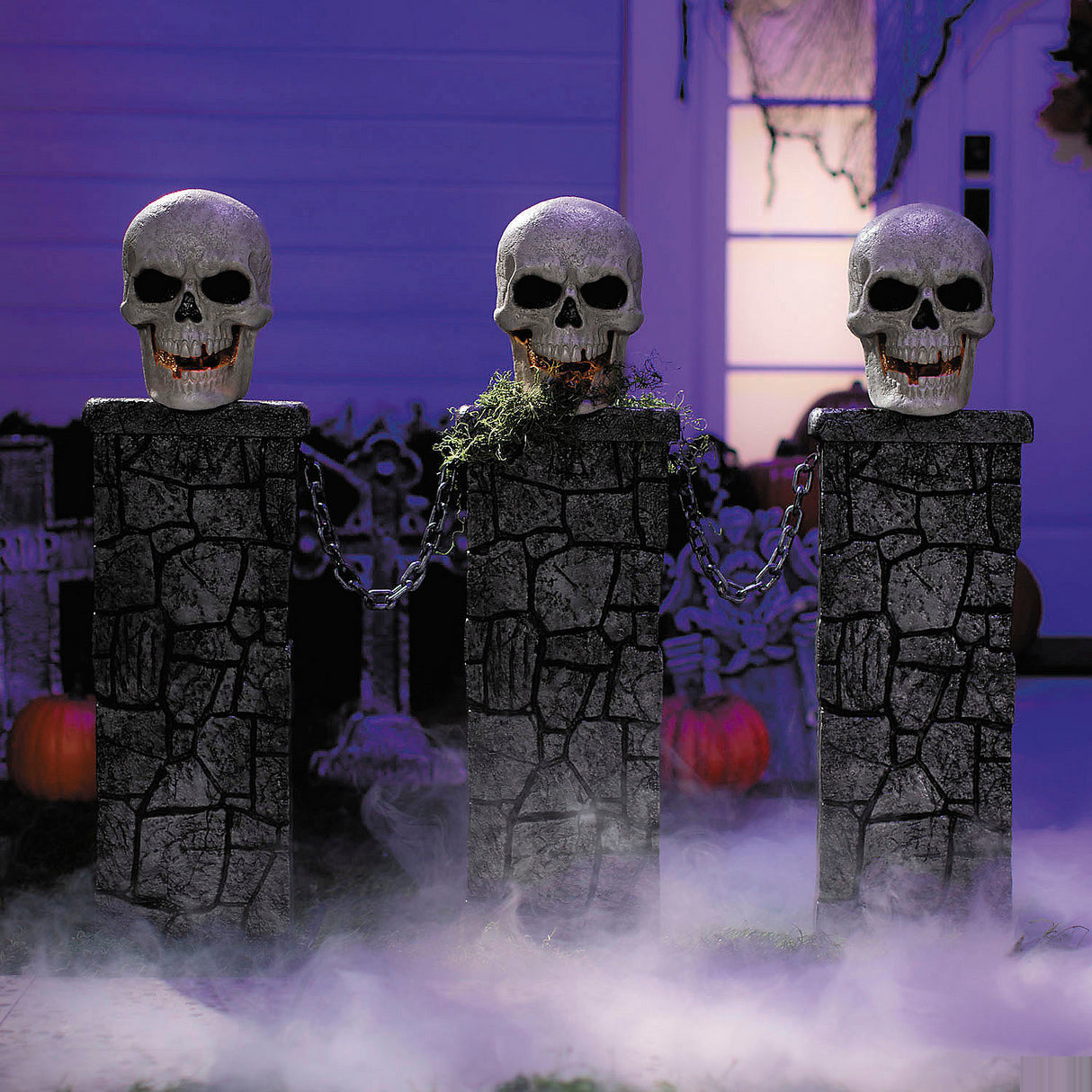Light Up Skull Pedestal Fence Decoration for Halloween Parties Haunted Houses and Spooky Events