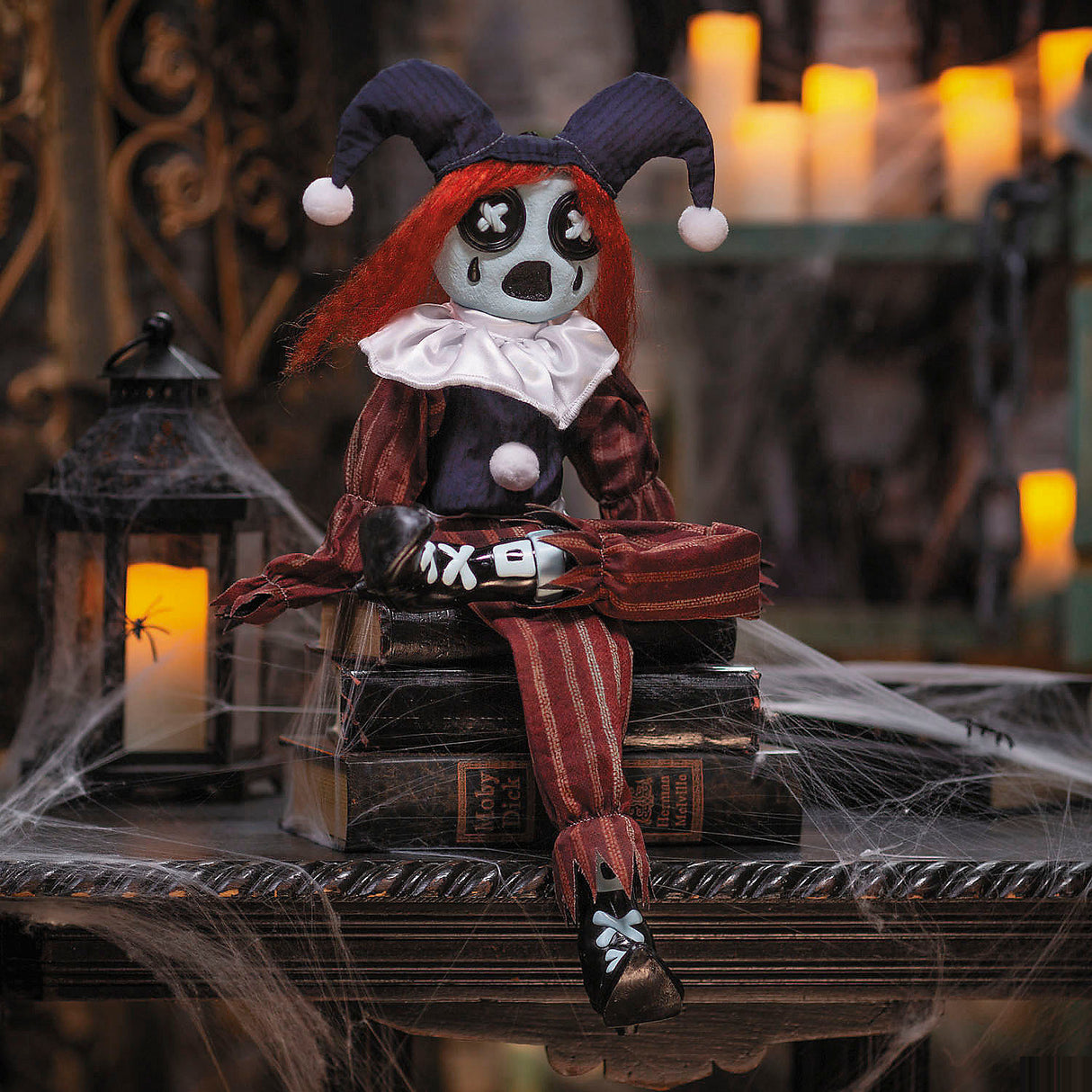 Spooky 24 Inch Black and Red Frown Clown Doll for Halloween Decorations and Indoor Displays