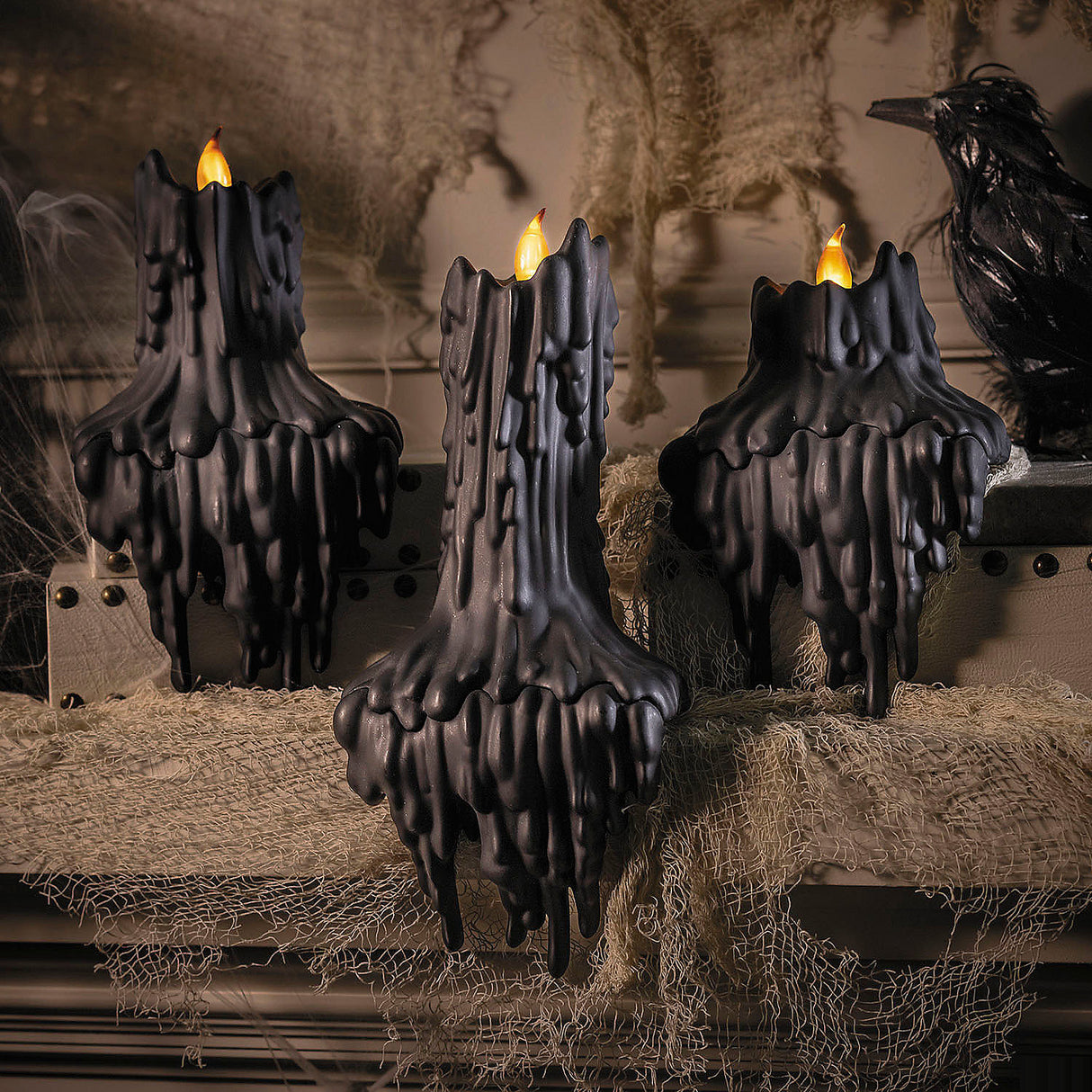 Decorative Light-Up LED Melting Black Plastic Candles for Halloween Haunted House Parties and Spooky Events