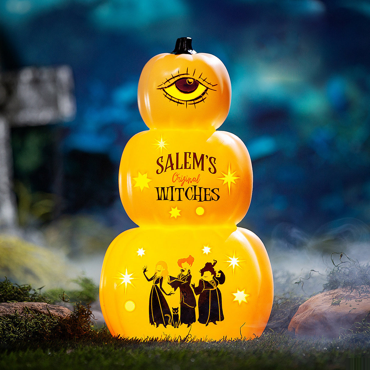 Decorative Hocus Pocus Light-Up Stacked Pumpkins for Halloween Home Decor Parties and Seasonal Celebrations